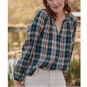 NWT Garnet Hill Plaid Organic Cotton V-Neck Popover Blouse